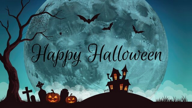 Spooky halloween night with full moon and haunted house