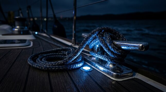 A blue rope coils near a metal cleat on a wooden boat deck at night.
