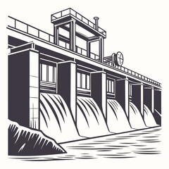 Monochrome of a hydroelectric dam with water cascading over the spillway, concrete piers, and a control building on © MST SAHIDA  BEGUM 