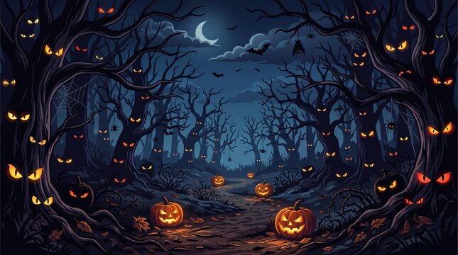 Spooky halloween forest with glowing jackolanterns and eerie eyes in the dark