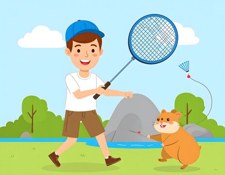 Boy and Hamster Playing Badminton Outdoors