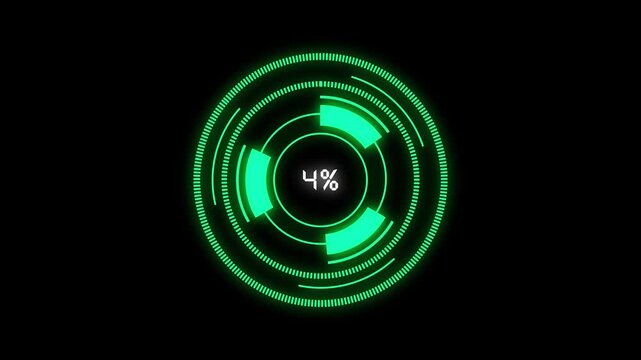 Futuristic green progress wheel spins on black background. Progress wheel animation tracks system loading metrics. Progress wheel graphic displays computer software update.
