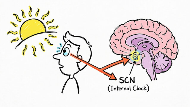 Circadian Rhythm Explained: Sunlight enters the eye and signals the Suprachiasmatic Nucleus (SCN), the body's internal clock, illustrating the biological process of regulating sleep-wake cycles.
