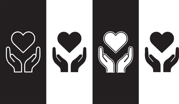 Heart in hands icons set