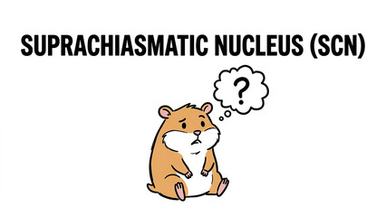 Fototapeta premium Confused Hamster and Brain Science: A cartoon hamster with a question mark in a thought bubble looks puzzled, next to text about the Suprachiasmatic Nucleus (SCN).