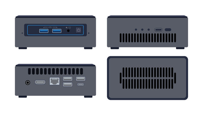 Mini PC computer device with front side rear and top views vector illustration