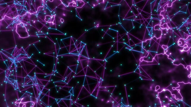 Futuristic neon cyber network with slowly rotating plexus nodes and transforming digital plasma lines, 4K background video loop. 