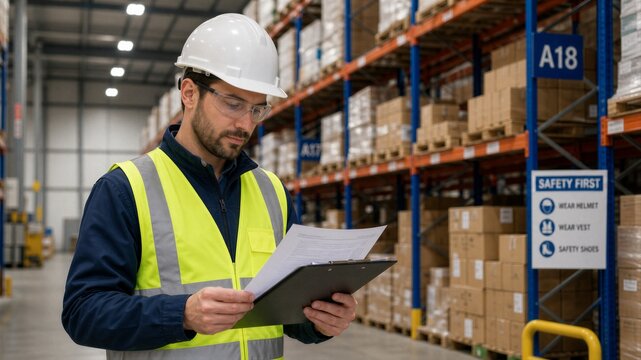 Worker in safety gear inspects inventory in a well-lit warehouse. He reviews documents with focus, wearing helmet and high-visibility vest