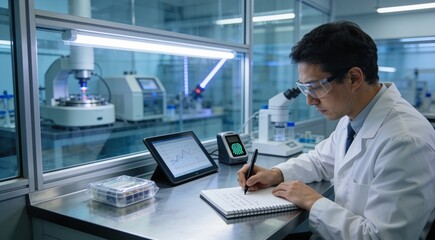 Fototapeta premium Laboratory scientist documenting experiment findings in a modern high-security research center.