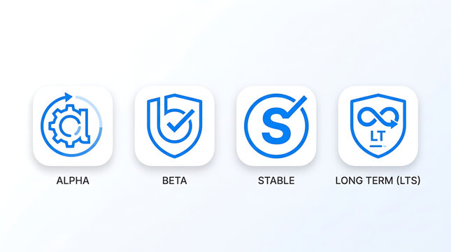 Software development stages icons display stability and security features