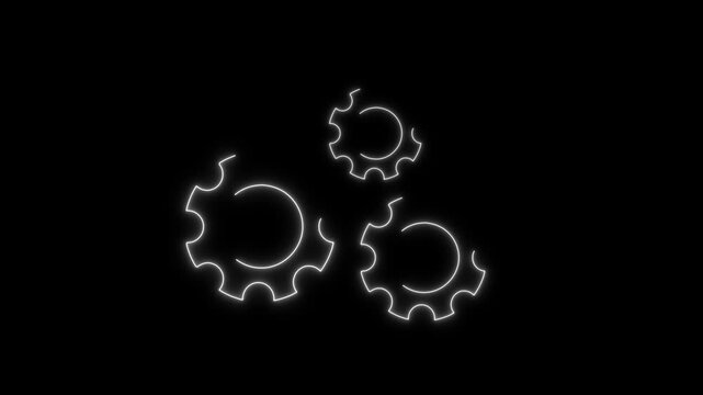 Three White Outline Gears Interlocking on Black Background cogs machinery animation