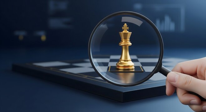 A close up view of a golden king chess piece seen through a magnifying glass on a chessboard