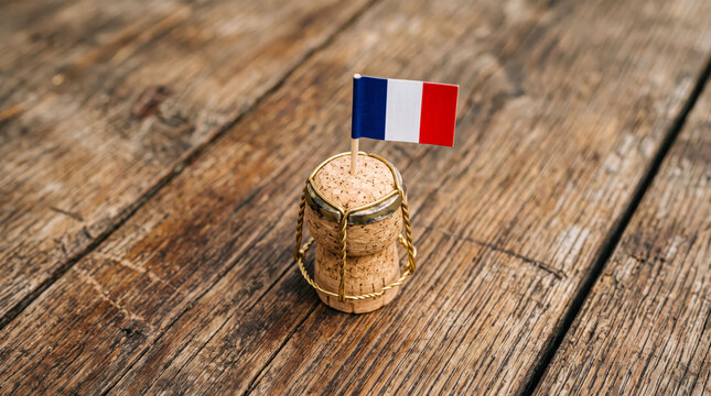 Miniature french flag on a wooden barrel with rural background