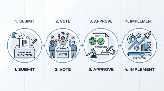 Business process diagram showing submit, vote, approve, and implement workflow steps with people and icons