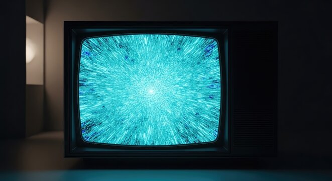 Glowing turquoise static and digital noise expand across the screen of a vintage cathode ray tube television set located in a dark room, antique, technology, glitch