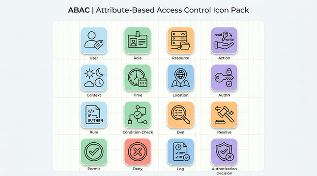 Collection of various access control icons in a grid layout for ABAC system