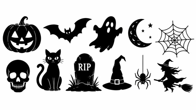 Set of black pixel art halloween icons