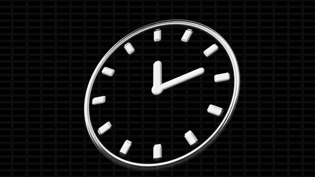Silver Clock Face with White Hands on a Dark Grid Background Keywords: clock, time, watch, hour, animation