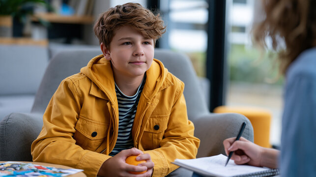 Adolescent boy seated in quiet therapist office squeezing stress ball during trauma informed art therapy session, partially completed collage spread on low table beside chair, qualified professional