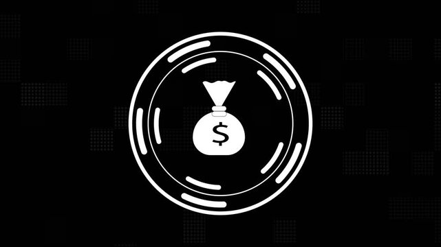 White Money Bag Icon with Dollar Sign Inside a Circular Frame Keywords: money, bag, dollar, sign, animation
