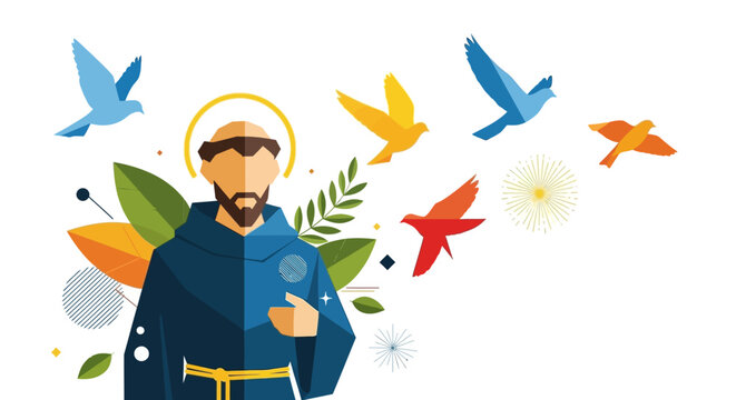 Flat illustration of Saint Francis of Assisi with birds and foliage.