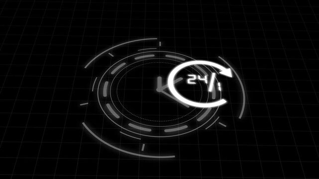 White 24/7 Circular Interface with Clock and Arrow on Black Grid time futuristic animation