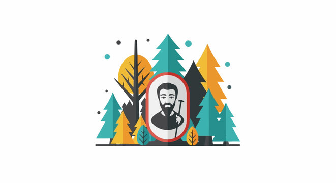 Stylized illustration of a bearded man with a walking stick in an oval frame.