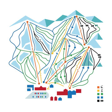 A colorful illustrated map of a mountain ski resort area