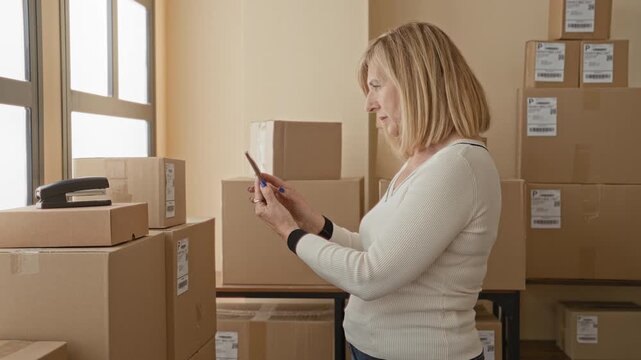 Woman scanning packages with smartphone and pointing finger at a shipping box in a building small business storage area; focused efficiency.