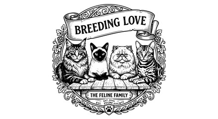 breeding love, feline family, black and white cats, svg, vector illustration, cat breeders, printable art © Tanbin
