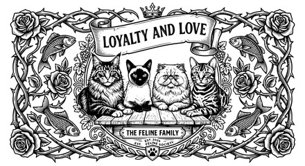 loyalty and love, feline family, black and white cats, svg, vector illustration, cat breeders, printable art © Tanbin