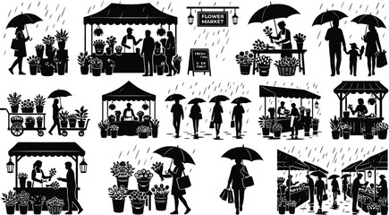 Fototapeta premium People shopping at a flower market with umbrellas