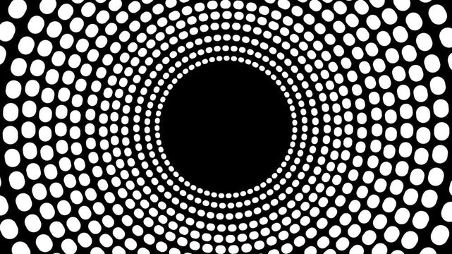 Concentric circles of white dots forming a tunnel effect on black background abstract pattern animation