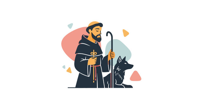 Saint Dominic illustration with wolf companion holding staff and rosary.