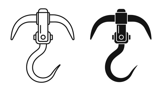 Grappling Hook Icon: A minimalist vector illustration showing a grappling hook in both line art and silhouette form, symbolizing utility, ascent, and overcoming obstacles.