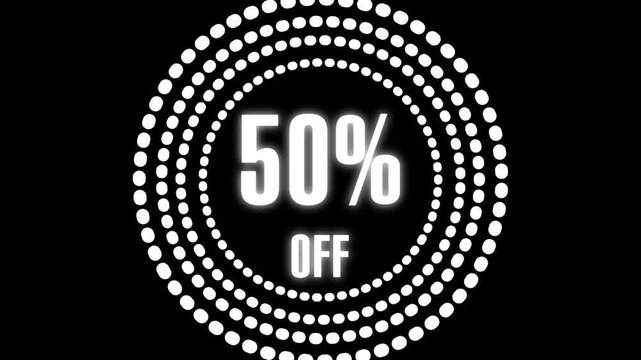 Glowing White 50 Percent Off Symbol with Concentric Circles on Black discount sale animation