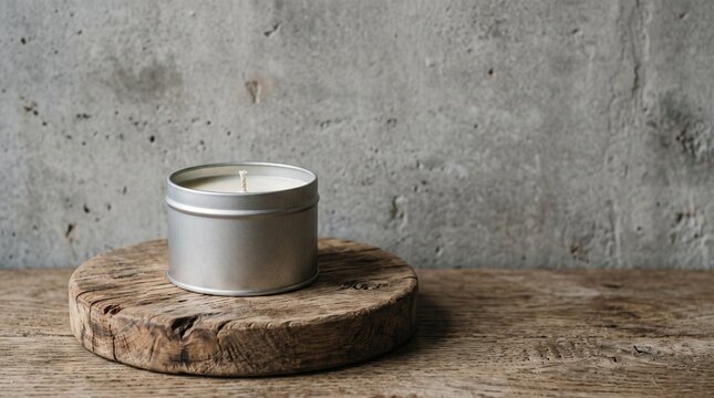 A simple silver tin candle with a white wick sits on a rustic wooden surface against a textured concrete wall