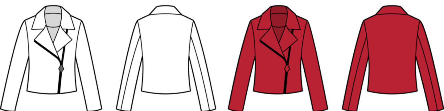 Biker motorcycle jacket technical fashion illustration with notched lapel, asymmetrical zip. Red flat coat template front back transparent background. Women men top CAD