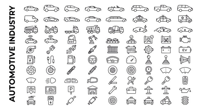 Automotive industry icon set, car parts and vehicle line icons, transport and mechanic service symbols, black outline vector graphics