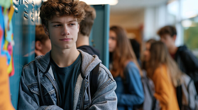 Middle school corridor where student stands up to peer intimidation with visible trembling but firm posture, locker door open between them, gathered bystanders beginning to step forward in solidarit