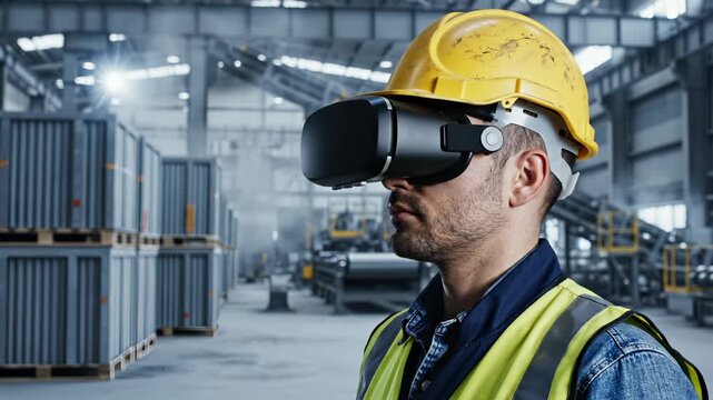 Worker uses virtual reality headset in industrial factory. Engineer wearing vr goggles and helmet in warehouse. Worker with virtual reality technology in factory. Industrial vr training system.