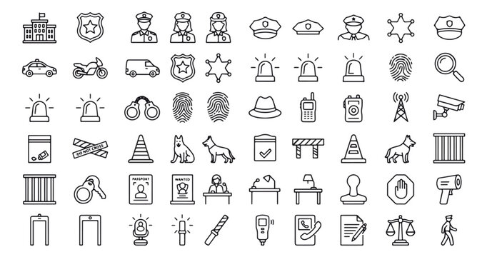 Police line icon set, law enforcement and justice symbols vector collection, 60 thin stroke police department icons for security and crime prevention