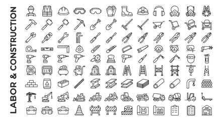Labor and construction line icon set, industrial work tools and heavy machinery vector collection, professional building equipment and safety gear icons © Rehman