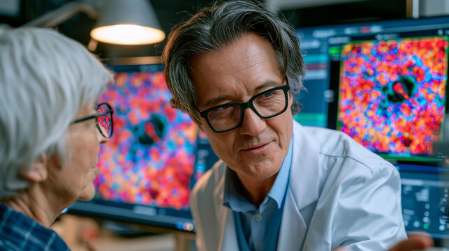 Ophthalmologist presenting AI retina screening analysis to middle-aged patient in darkened examination suite, fundus image with diabetic retinopathy grading overlay displayed on clinical monitor, wa