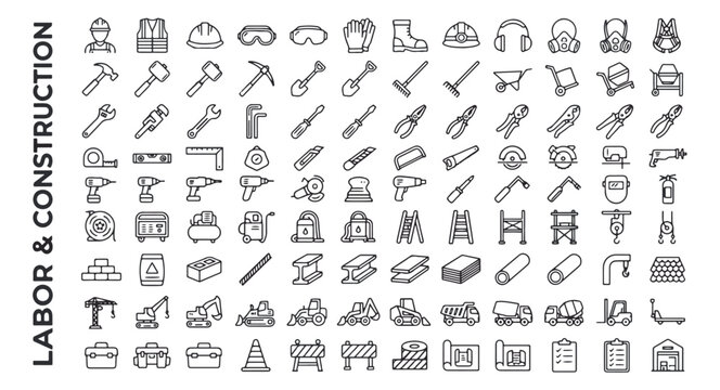 Labor and construction line icon set, industrial work tools and heavy machinery vector collection, professional building equipment and safety gear icons