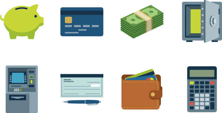 Banking and personal finance flat icon set showing money savings credit card and wealth management tools