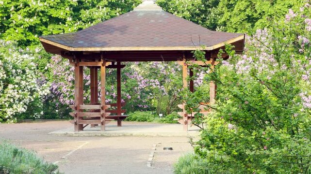 A neat stone path curves gently toward a rustic gazebo framed by blooming lilacs. This serene garden scene brings a comforting feeling of peaceful invitation and classic charm.
