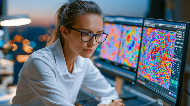 Retina specialist reviewing AI-assisted age-related macular degeneration progression model comparing serial optical coherence tomography scans on dual monitor diagnostic workstation, drusen volume q