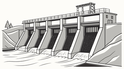 Black and white of a hydroelectric dam with multiple spillway gates and water flowing into a river in a mountain valley © MST SAHIDA  BEGUM 