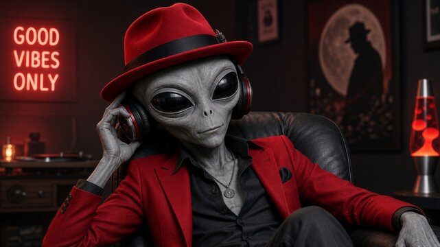 Alien in red hat and jacket relaxes. Headphones rest near its ear, eyes half-closed. Neon sign reads "Good Vibes Only" behind. Dark room holds lava lamp and framed silhouette. Cozy mood suggests chill